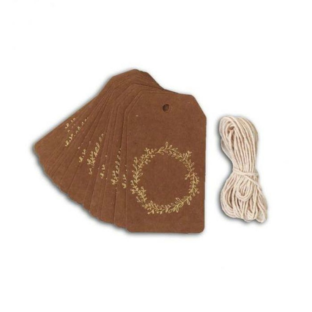 20 étiquettes kraft 4,5 x 8 cm couronne de fleurs dorée & ficelle