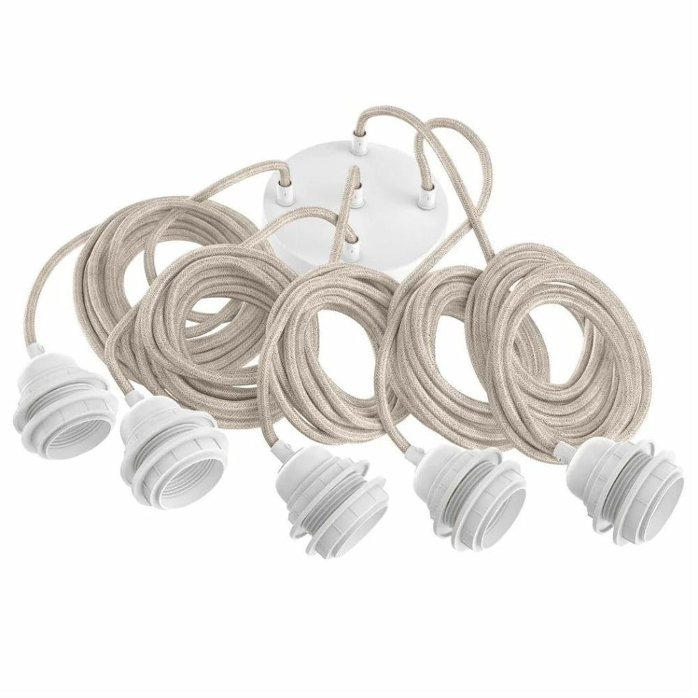 Suspension hang luminaire 5 cordes - lin brut douilles blanches