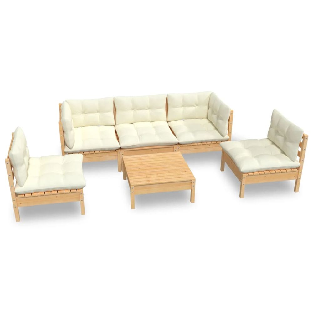 Salon de jardin 6 pcs avec coussins crème bois de pin massif