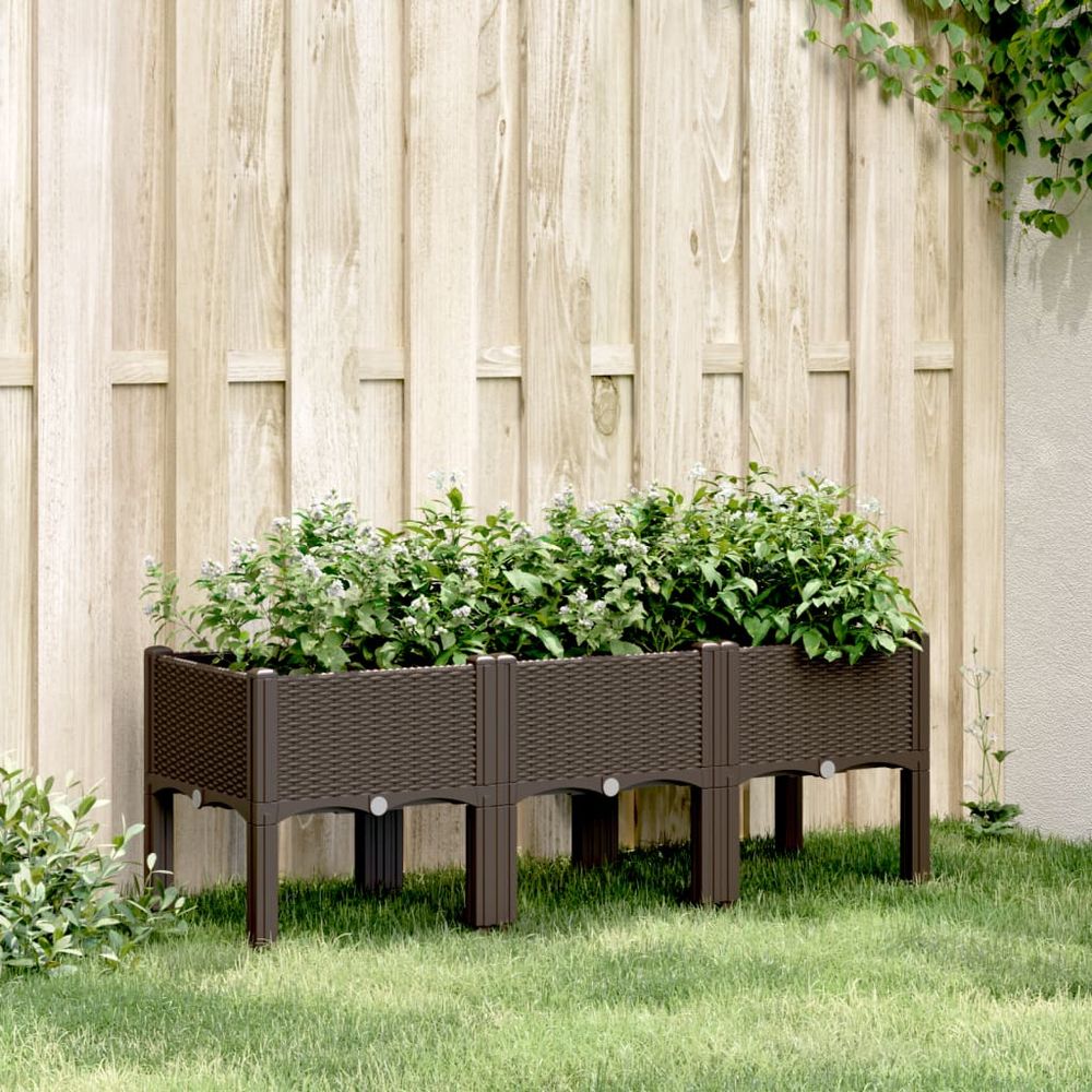 Jardinière sur pieds pp aspect rotin pour balcon potager marron 120x40cm