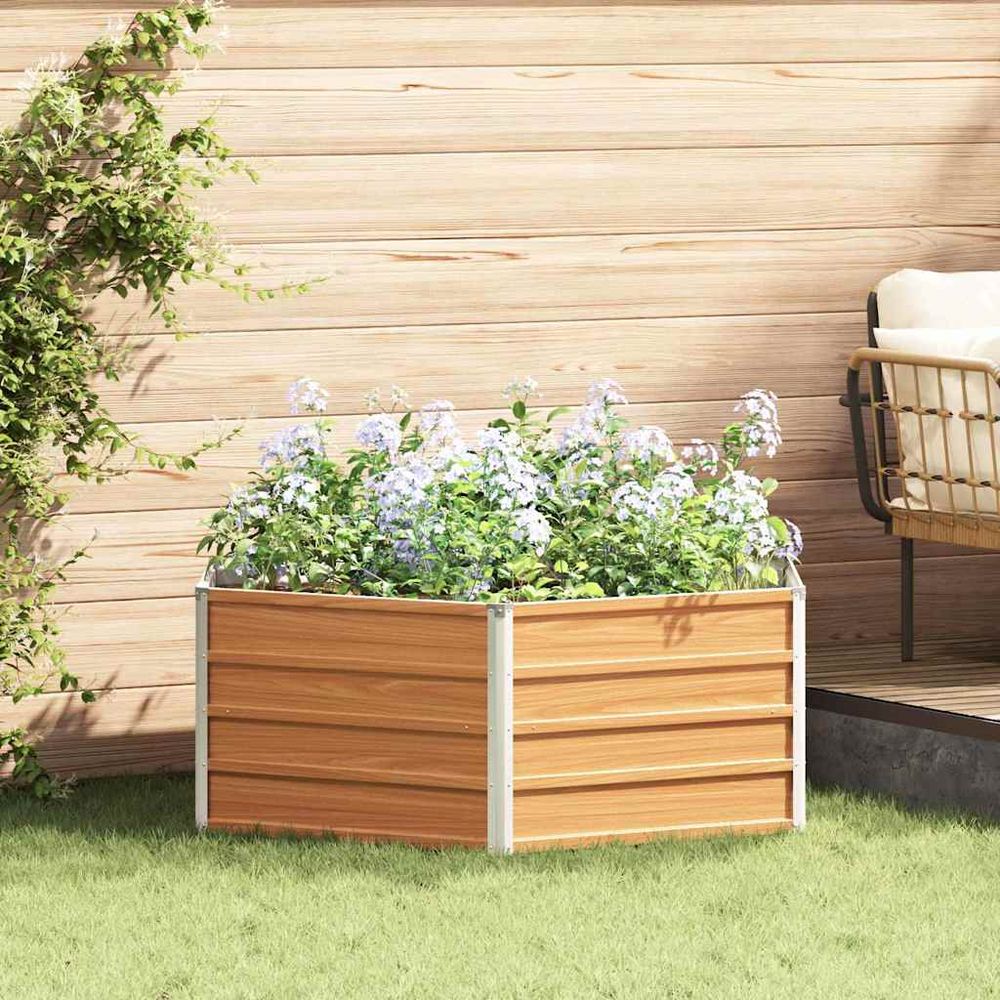 Carré potager hexagonal en acier galvanisé aspect bois naturel fond ouvert pour croissance saine 129x129x45cm