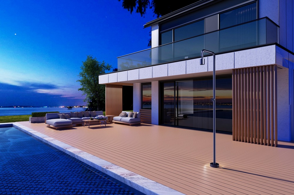 Douche de piscine en acier 316 finition bleu ocean robinet monoforo integre