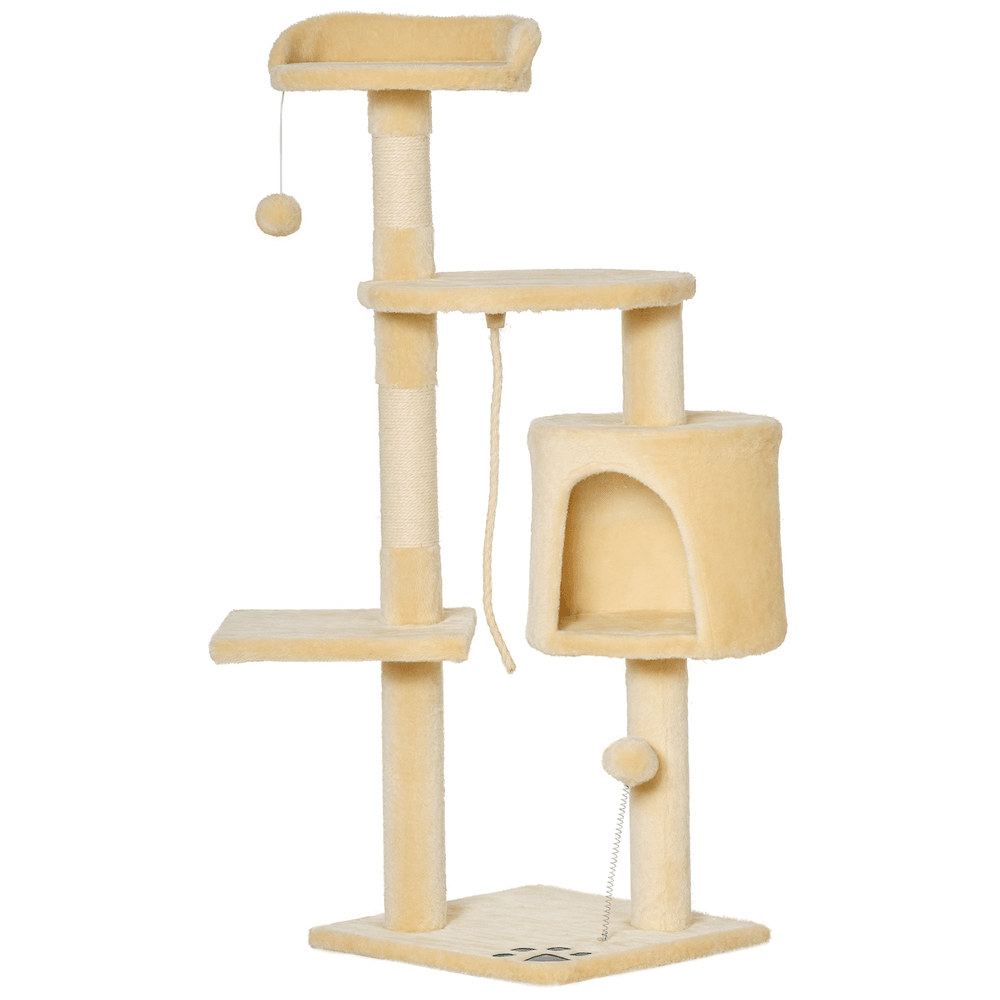 Arbre à chat multi-jeux en bois et sisal pour chaton avec niche 114 cm beige