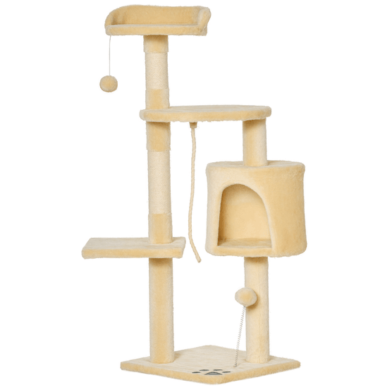 Arbre à chat multi-jeux en bois et sisal pour chaton avec niche 114 cm beige