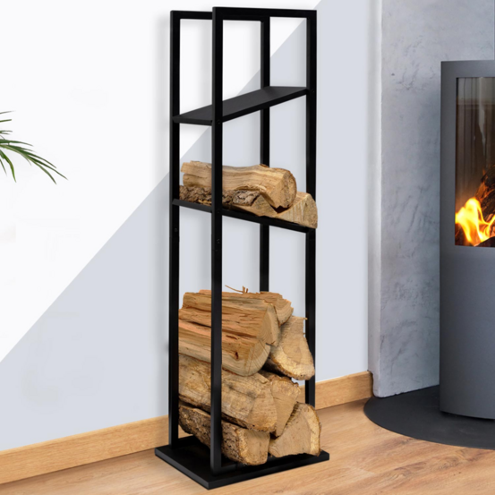Range bûches vertical acier noir avec 2 étagères h.112 cm pour cheminée