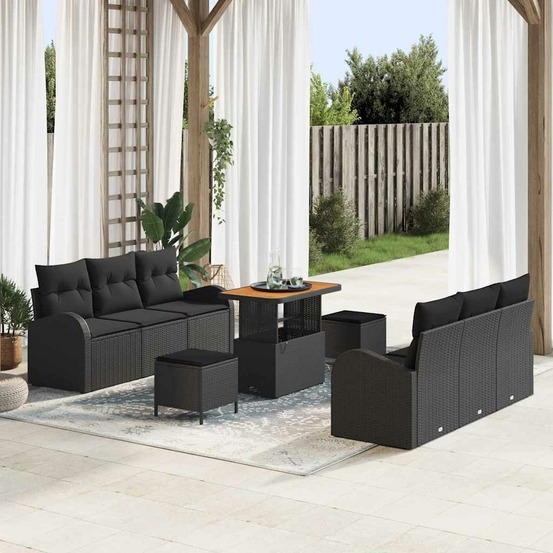 Ensemble de canapé de jardin avec coussin 9 pcs noir polyrotin