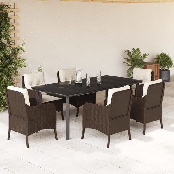 Ensemble à manger de jardin et coussins 7 pcs marron rotin