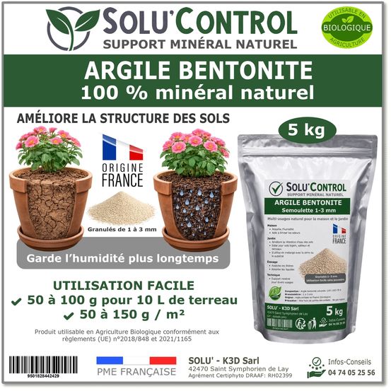 Solu'control argile bentonite naturelle 5 kg – support minéral jardin – améliore la rétention en eau des sols et terreaux