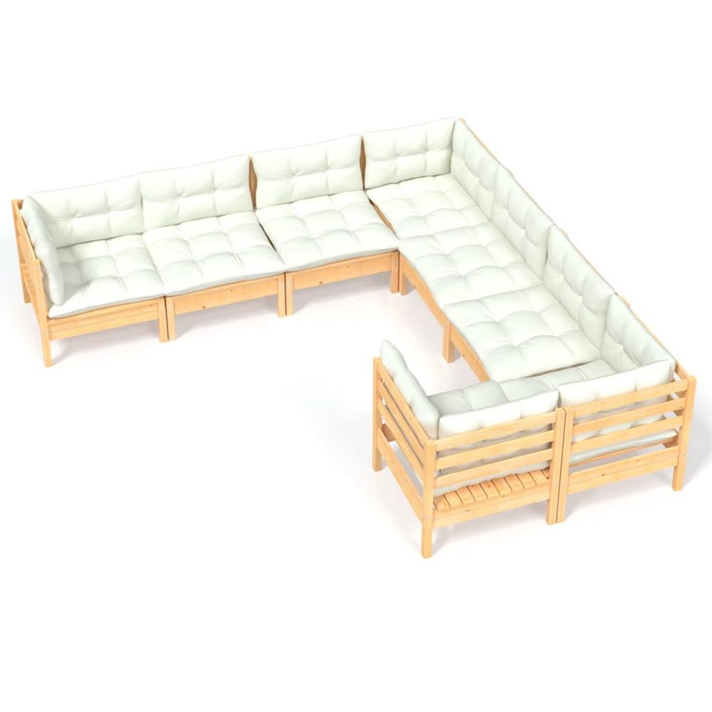 Salon de jardin 8 pcs avec coussins crème bois de pin massif