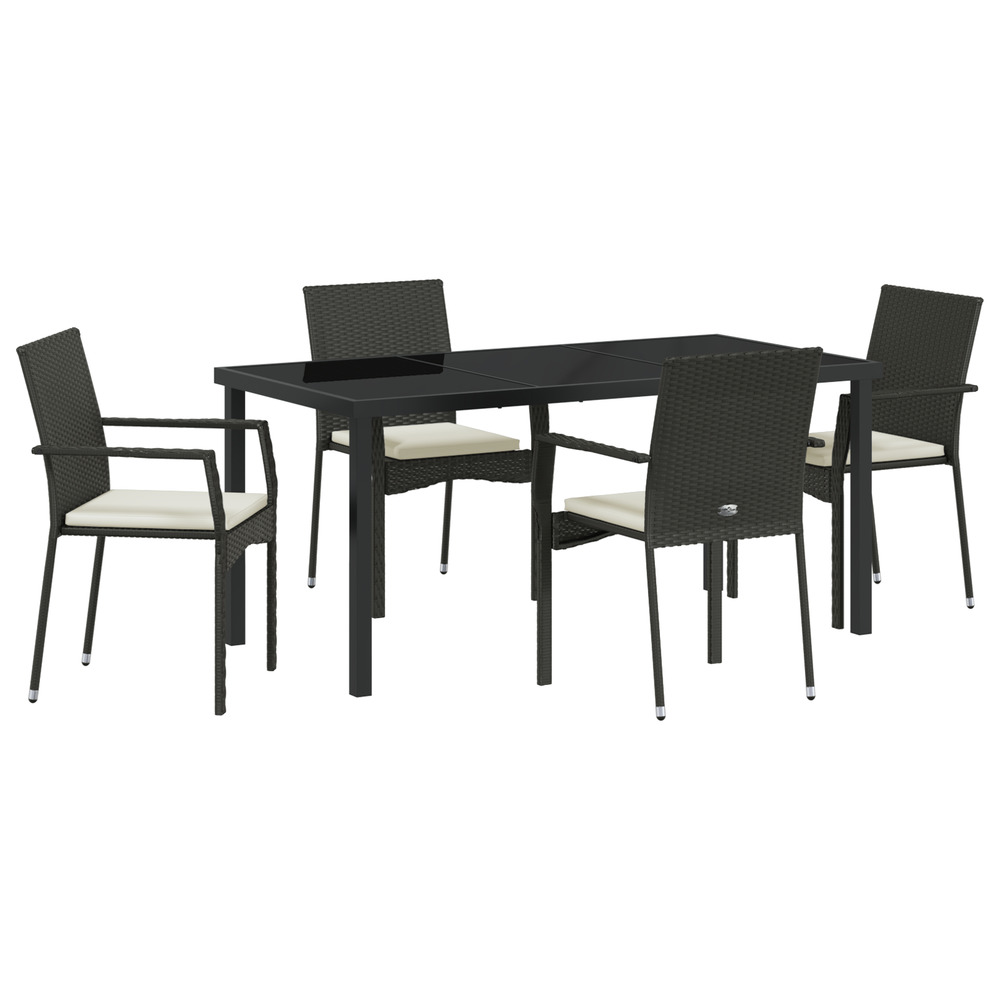 Ensemble de salle à manger de jardin 5 pièces avec coussins noir poly rattan