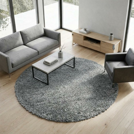 Tapis rond longs poils shaggy ø200cm tissé gris motif uni uni b