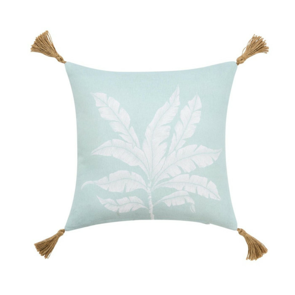 Coussin déco imprimé à pompons 