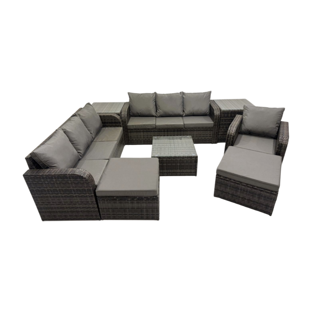 9 places salon de jardin exterieur avec canapés table basse carrée chaise inclinable 2 grand tabourets 2 tables d'appoint