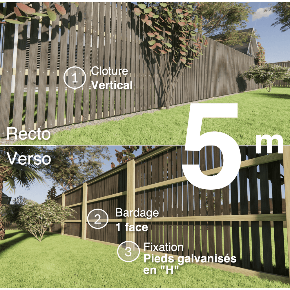 Kit clôture bois moderne 5m – h 1,9m – 20 x 70 mm noir par trempage – pose vertical – simple face – support galva