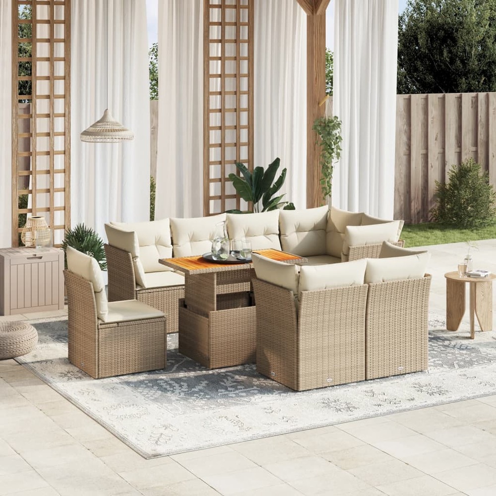 Salon de jardin avec coussins 9 pcs beige résine tressée