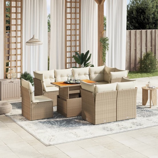 Salon de jardin avec coussins 9 pcs beige résine tressée