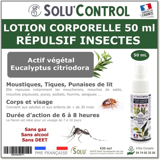 Solu'control lotion repulsive moustiques 50 ml - repulsif corps et visage sans deet - moustique tigre, tiques, puces