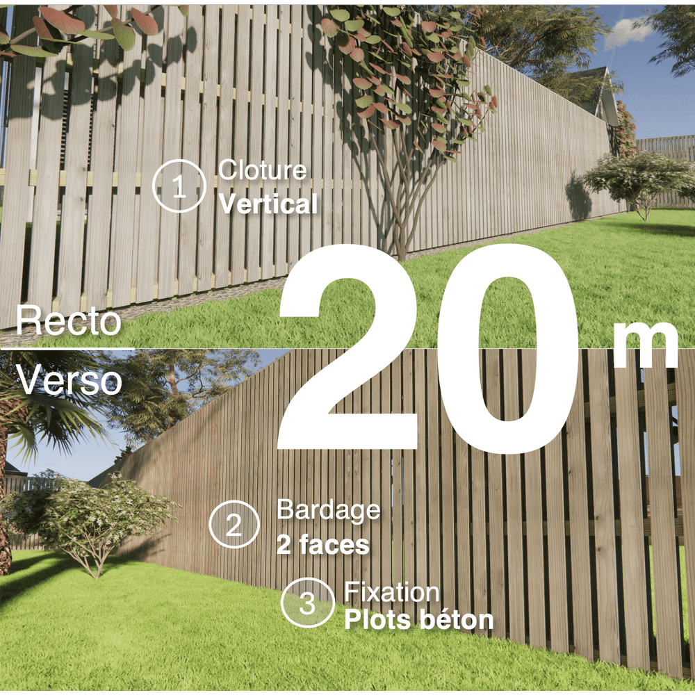 Kit clôture bois moderne 20m – h 2,3m – 20 x 70 mm autoclave gris – pose vertical – double face – à sceller