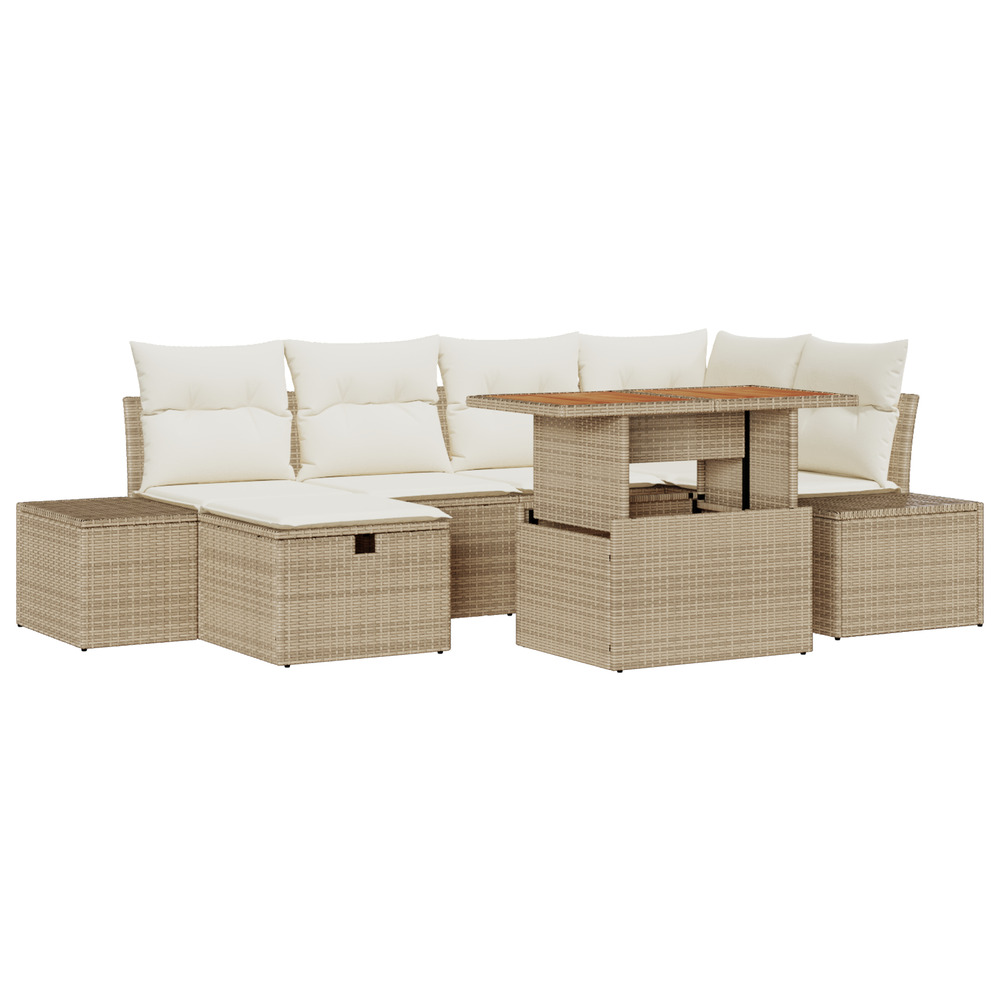 Ensemble de salle à manger de jardin 7 pièces avec coussins beige rattan poly acacia
