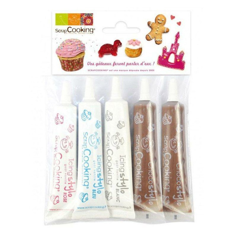 Stylos de glaçage blanc, rose, bleu + 2 stylos chocolat