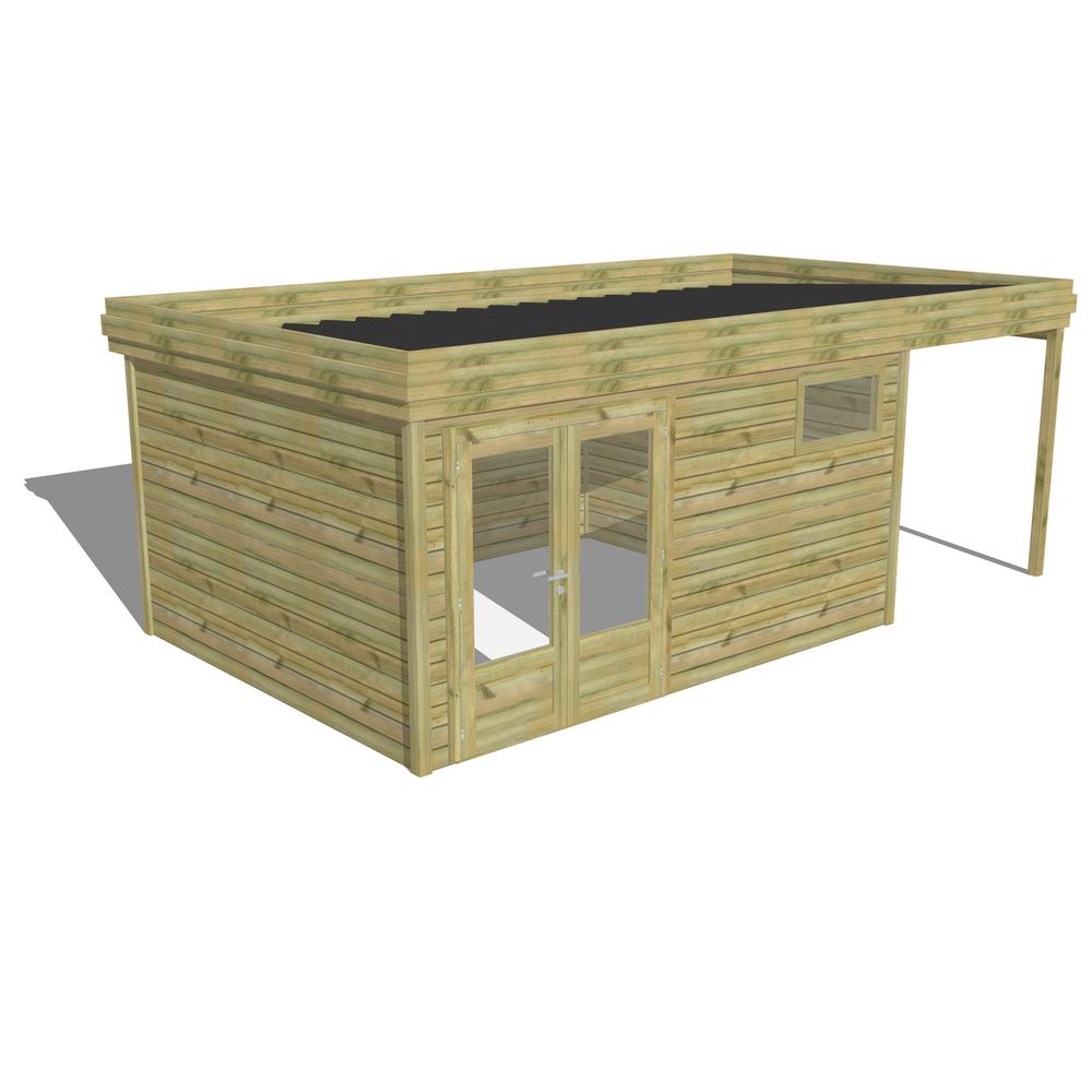 Abri de jardin bois pin traité autoclave 27mm - 6,34x3,44m / 22m2 - bac acier - abri français