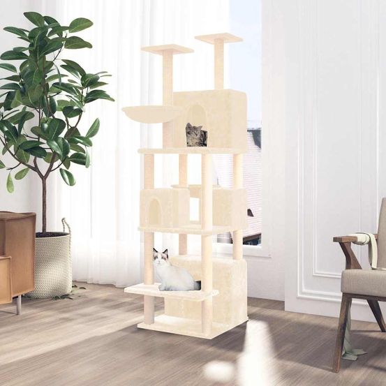 Très grand arbre à chat avec 4 niches et 2 hamacs pour grande famille de chats 180 cm crème