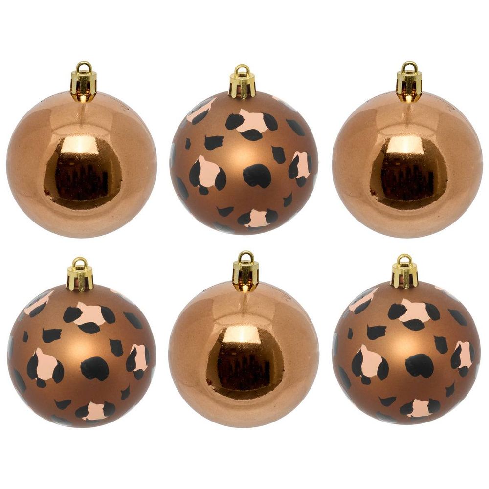 Lot de 6 boules de noël en plastique motif léopard ambré d. 60 mm