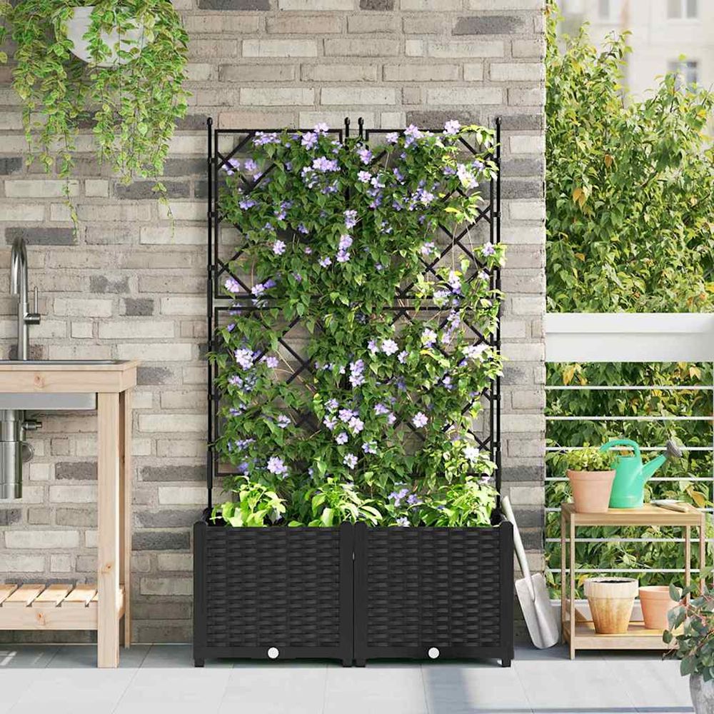 Lot de 2 jardinières hautes avec treillis pp pour plantes grimpantes extérieur noir
