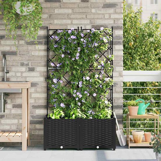 Lot de 2 jardinières hautes avec treillis pp pour plantes grimpantes extérieur noir