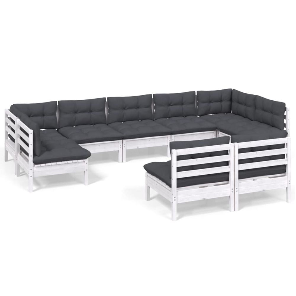 Salon de jardin 9 pcs avec coussins blanc bois de pin massif