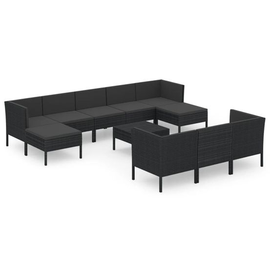 Salon de jardin 11 pcs avec coussins résine tressée noir