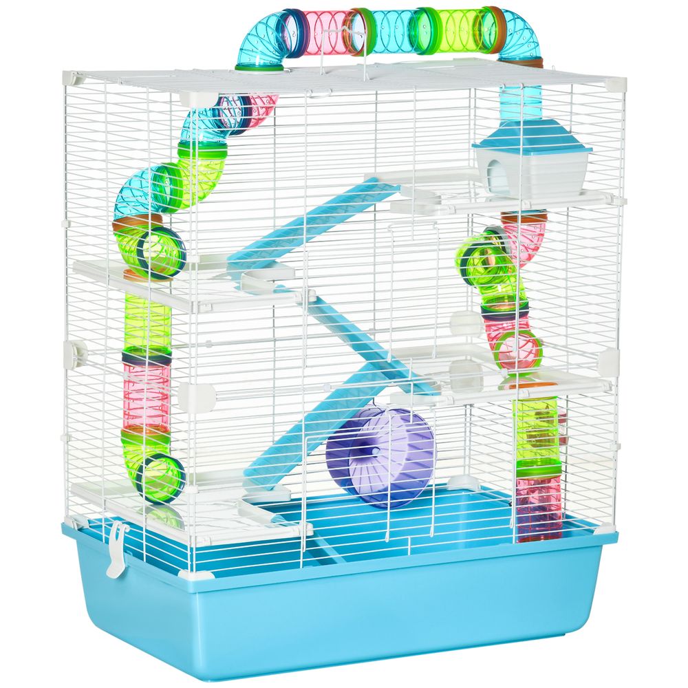 Cage hamster 5 niveaux en acier pour petits rongeurs avec tubes et accessoires 59x36x69cm bleu