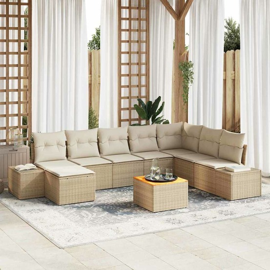 Ensemble de canapé de jardin avec coussin 9 pcs beige polyrotin