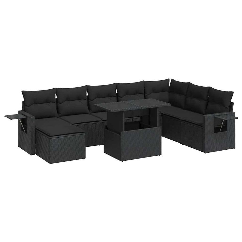 Salon de jardin 9 pcs avec coussins noir résine tressée