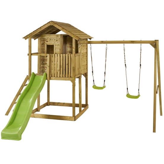 Aire de jeux bois – balançoires, toboggan, cabane et balcon wapiti