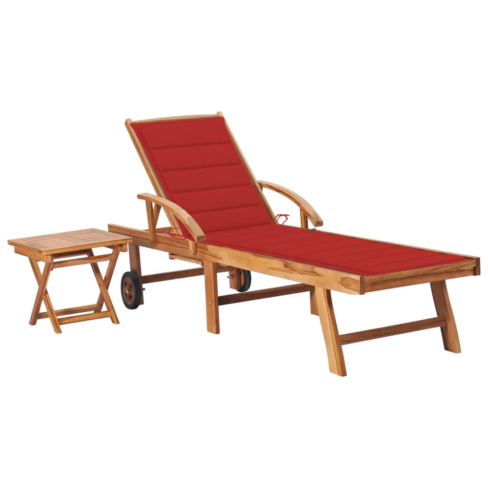 Chaise longue avec table et coussin bois de teck solide bain de soleil