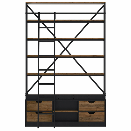 Kasi-bibliothèque 160 cm en bois et métal avec échelle, 4 tiroirs
