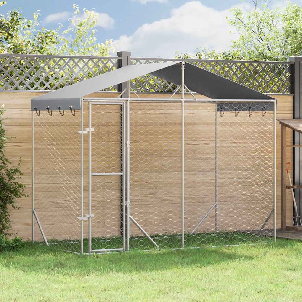 Grand enclos extérieur acier galvanisé avec toit pour animaux argenté 3x1,5x2,5 m