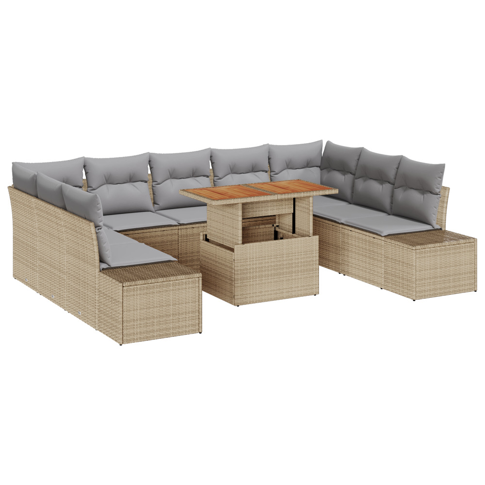 Ensemble de salle à manger de jardin 10 pièces avec coussins beige en poly rotin et acacia