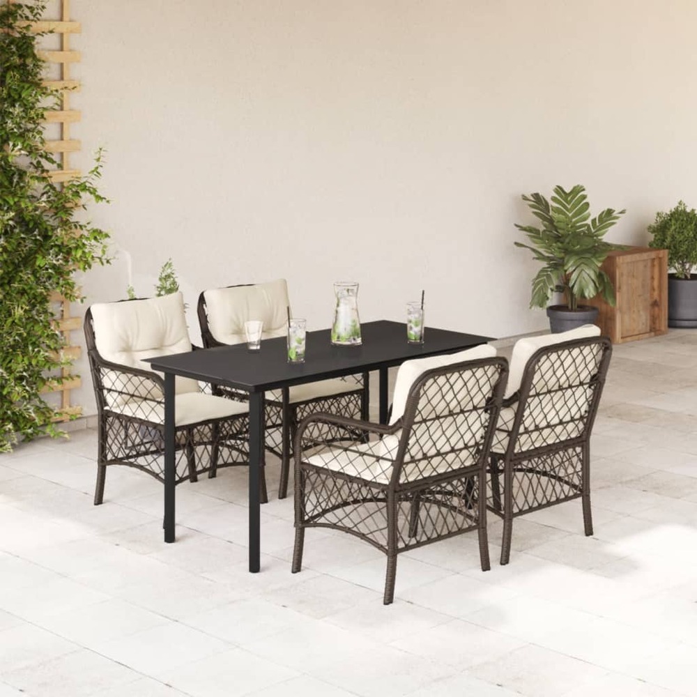Ensemble à manger de jardin 5 pcs et coussins marron poly rotin