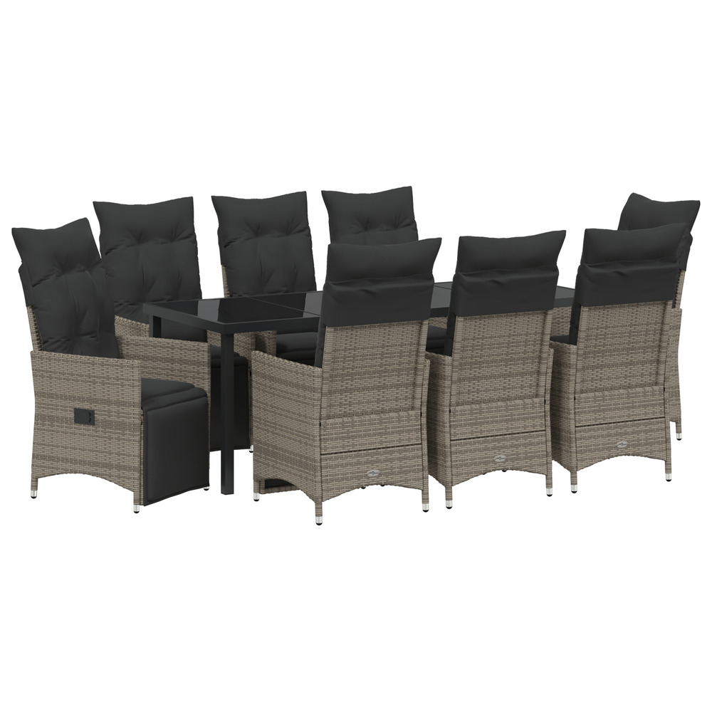 Ensemble de jardin de 9 pièces avec coussins gris en rattan poly