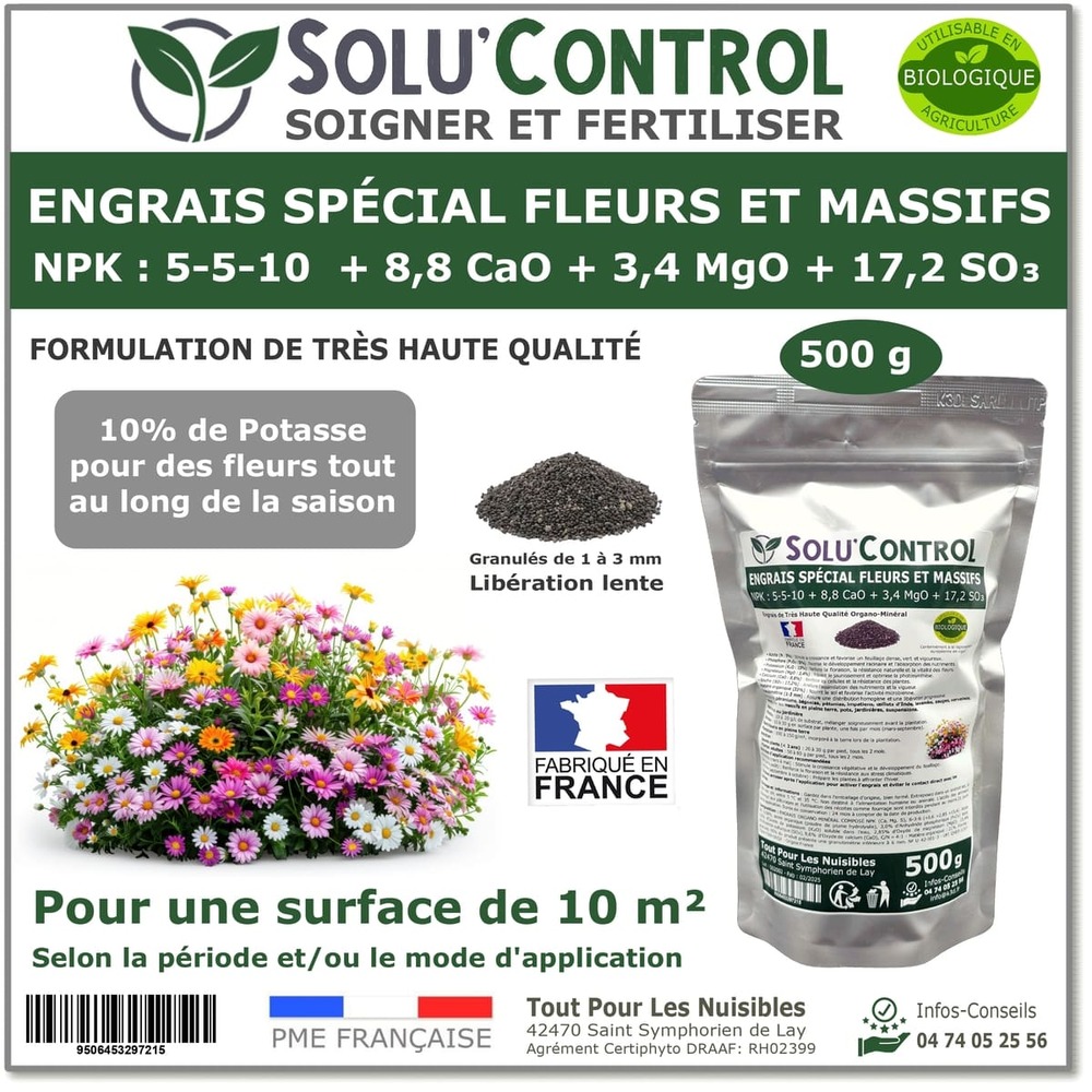 500 g - engrais spécial fleurs et massifs npk 5-5-10 - favorise une floraison abondante, éclatante et durable - uab