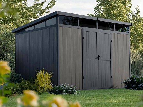Abri de jardin bois composite 7,5m2 gris 363x223x227cm evora - cabane a outils - local a vélo