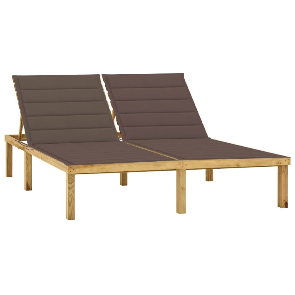 Transat chaise longue bain de soleil lit de jardin terrasse meuble d'extérieur double et coussins taupe pin imprégné 02_00127