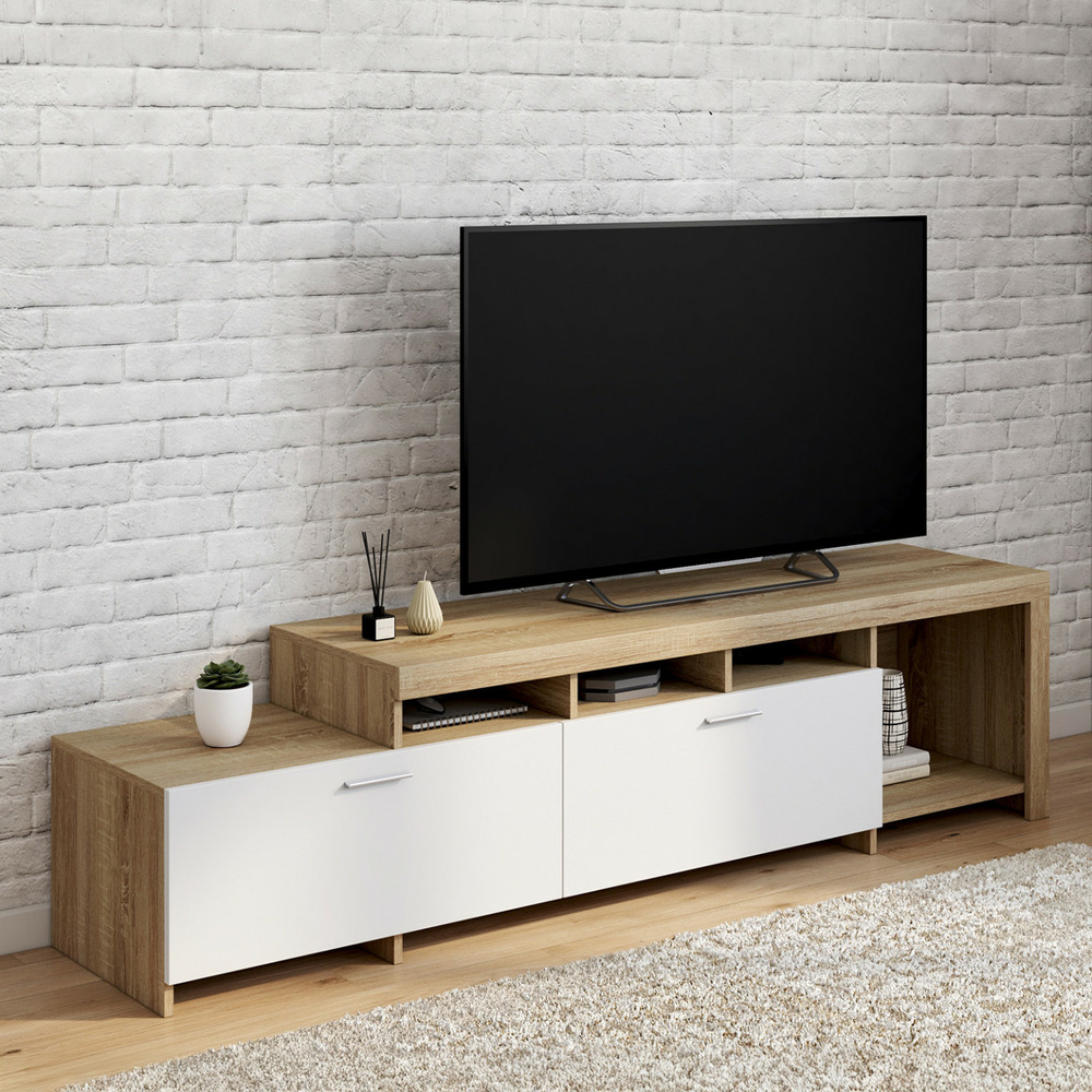 Meuble tv 180 cm malo bois et placards blancs