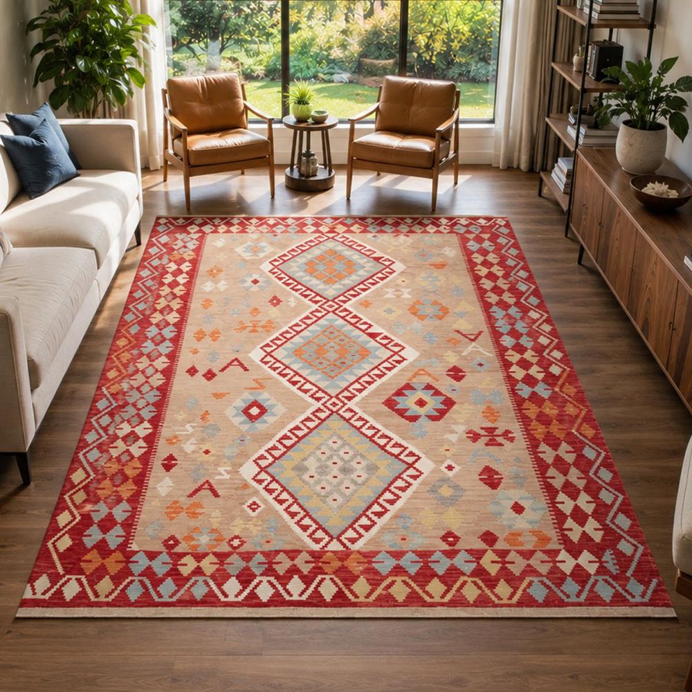 Tapis kilim 173 x 235 cm, multicolore beige rouge, en laine naturelle, kilim 93