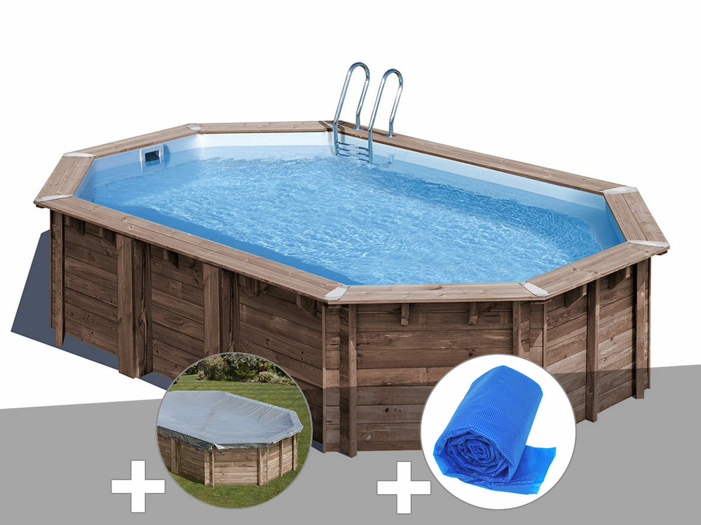 Kit piscine bois macadamia 6,32 x 3,35 x 1,30 m + bâche hiver + bâche à bulles
