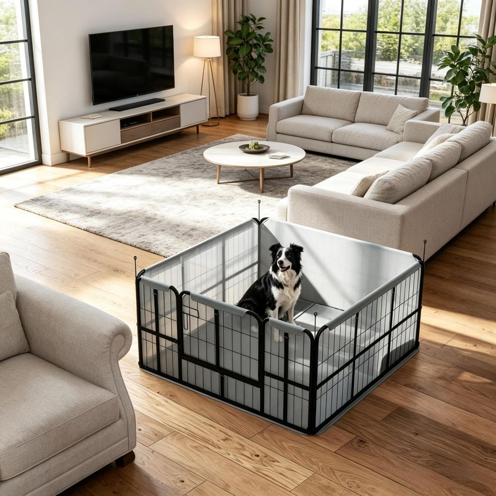 Caisse de mise bas en acier polyester 122 x 122 x 60 cm noire pour chiens avec porte tapis lavable et pare-vent