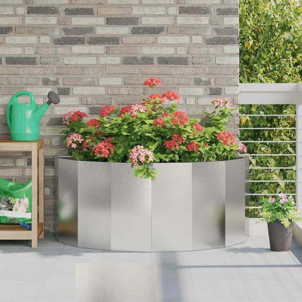 Jardinière demi-ronde acier inoxydable pour jardin argent 120x60x50 cm