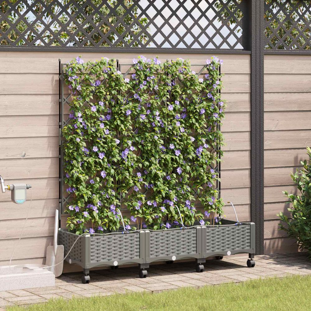 Ensemble 3 jardinières treillis polypropylène balcon arrosage et roues 120x132cm gris